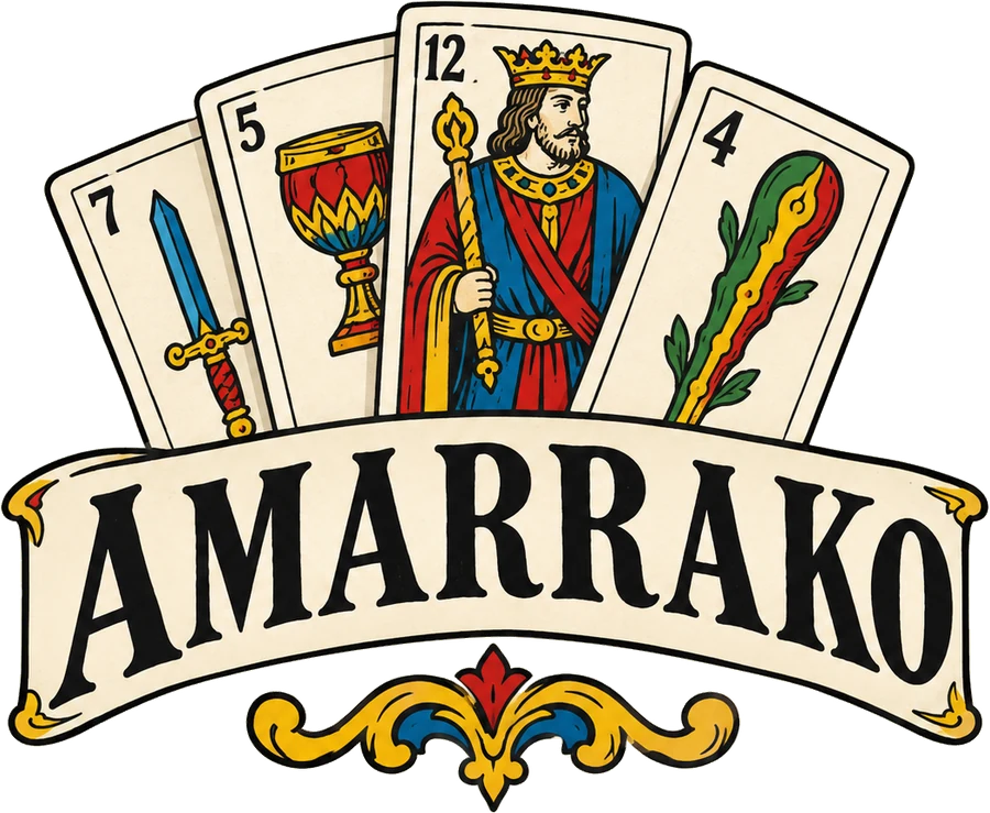 Amarrako: cuatro cartas de la baraja española sobre una cinta con el nombre